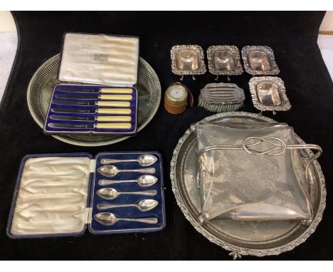 A collection of assorted silver-plated items comprising two salvers, one by Mappin &amp; Webb, a hand-brush and open slats et