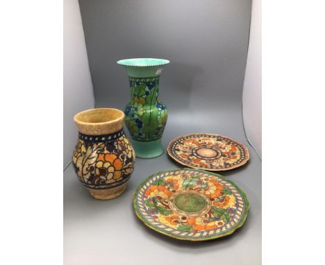 Two various Crown Ducal pottery vases by Charlotte Rhead nos. 146 and 110, 'Byzantine', together with two chargers numbered 2