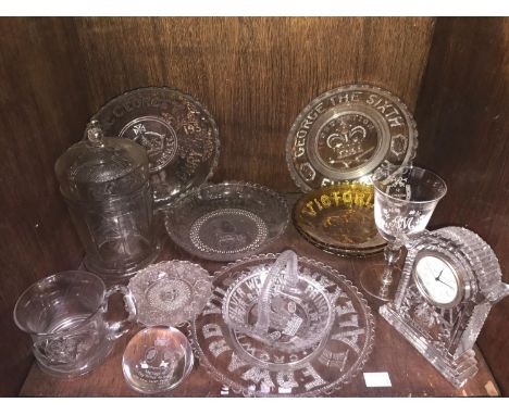 Various glass items including a Waterford Crystal mantel clock and Royal Commemorative plates, sweet basket, sweet jar, paper