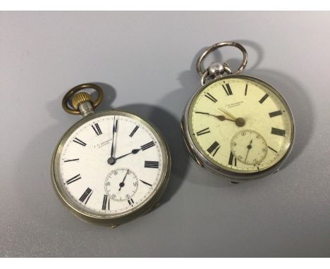 Two open-face pocket watches by J. W. Benson, one silver cased example with white enamel dial, Roman numerals denoting hours 