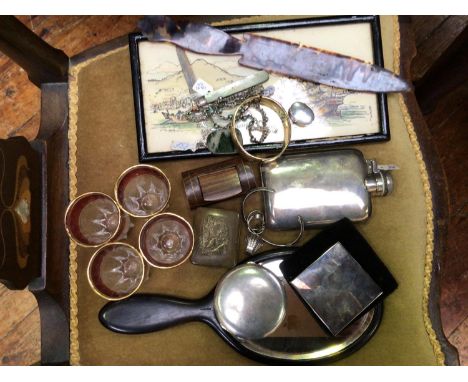 A silver hip flask marked 'Silver', together with a silver compact, a small silver pill box, a white metal compact, some silv