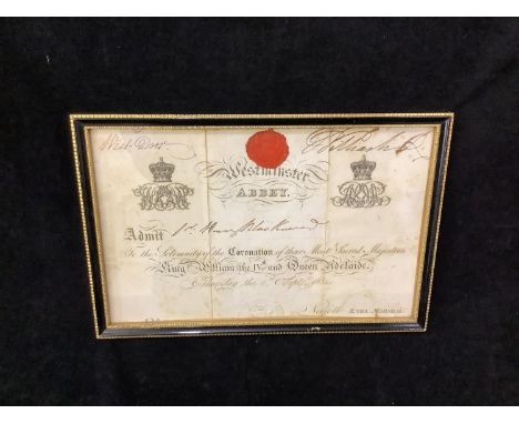 An rare signed invitation to the coronation of William IV and Queen Adelaide 1831, Signed 'William R,' and also inscribed 'we