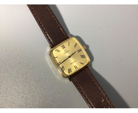 A gentleman's Omega Geneve gold-plated manual wristwatch, the square gilt dial with Roman numerals denoting hours, on later b