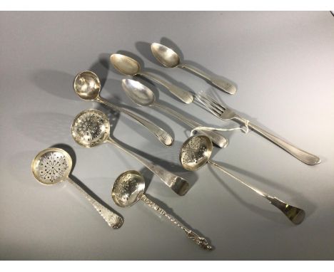 Three assorted silver strainer spoons including a Georgian example hallmarked London, 1798 and a small quantity of silver fla