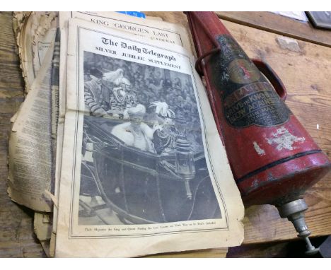 A collection of royal commemorative souvenir newspapers, together with a a Minimax vintage fire extinguisher 