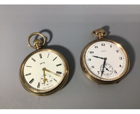 Two various gold-plated open-face pocket watches including one Elgin example with white enamel dial, Arabic numerals denoting