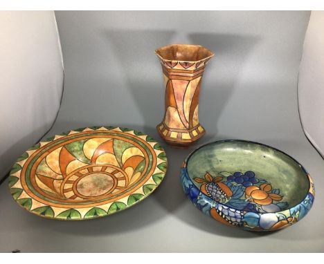 A Burleighware pottery vase and bowl by Charlotte Rhead, with geometric design, no. 4752 'Florentine', together with a bowl d