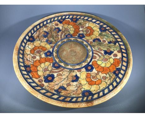 Two Crown Ducal pottery chargers by Charlotte Rhead, decorated with scrolling foliage, 'Byzantine', together with another Cro