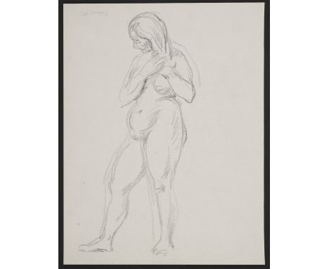 Paul Cadmus (American, 1904-1999). Graphite on paper drawing depicting a nude woman holding her hair. Signed along the upper 