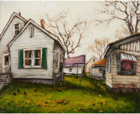 Rod Massey (American, b. 1949). Oil on panel painting titled "Between Houses, Spring" depicting two white homes, 2000. Likely