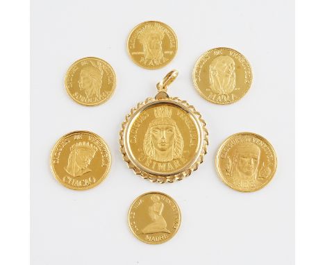 Group of seven gold coins. Six Caciques de Venezuela .900 gold purity coins and one gold "Mother Light of Life, Tenderness &a