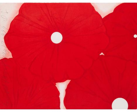 Donald Sultan (American, b. 1951). Woodcut on TGL handmade paper titled "Four Red Flowers" depicting four vibrant red poppies