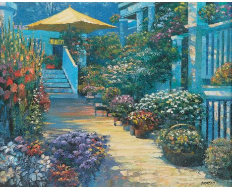 Howard Behrens (American, 1933-2014). Giclee on canvas laid board depicting a flower-filled walkway. Signed along the lower r