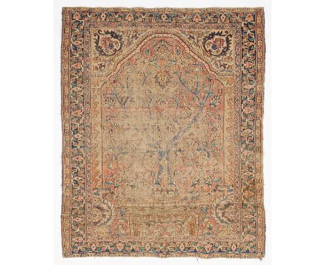 Persian handwoven wool prayer rug with a fanciful niche depicting a flowering tree. With scrolling floral borders. Possibly Q