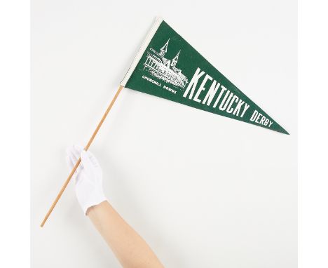 Kentucky Derby, Churchill Downs pennant flag. White ink on green felt. With a ticket stub from the 1935 Kentucky Derby. The 1