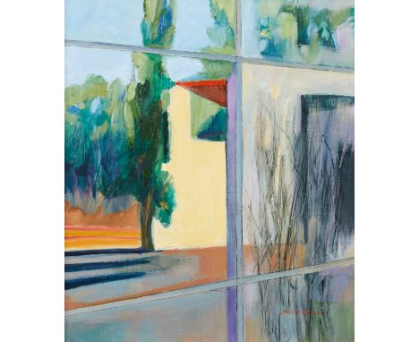 Joyce Macrorie (American, 1931-2021). Oil and wax on panel painting titled "Looking Through a Glass Brightly" depicting a str