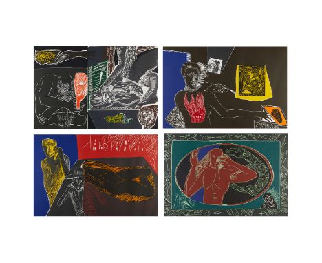 Mimmo Paladino (Italian, b. 1948). Group of four color linocut prints from the "Ulysses" suite, 1984. Each depicting an abstr