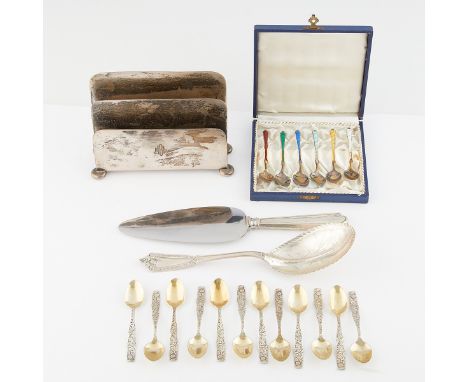 Set of 12 Towle condiment or teaspoons, one sterling-handled pie server, one serving spoon, one sterling silver letter tray, 