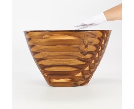 Peter Petrochko (American, b. 1948). Large oval wooden vessel comprised of spotted yellow poplar, February 2004. Signed, date