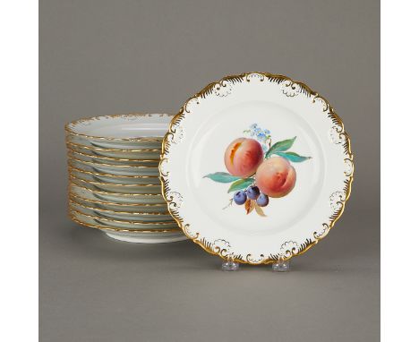 Meissen, Germany. Set of 12 porcelain plates, each hand-painted with different fruits. Each marked along the underside with c