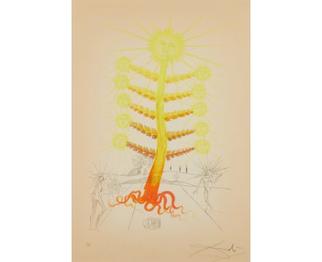 Salvador Dali (Spanish, 1904-1989). Photolithograph on paper title "Helianthus Solifer (Sun)" from the "Flora Dalinae (FlorDa