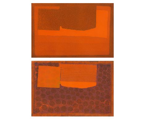 Howard Hodgkin (English, 1932-2017). Pair of aquatints titled "Bed" and "Breakfast" with hand coloring in orange gouache on A