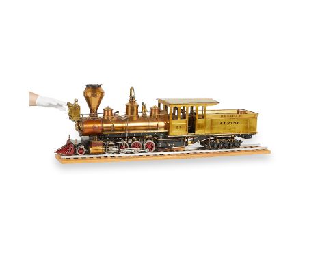 Large live steam brass scale model train built by Richard "Dick" E. Johnson, assembled in 1979. Custom scale, approximately 3