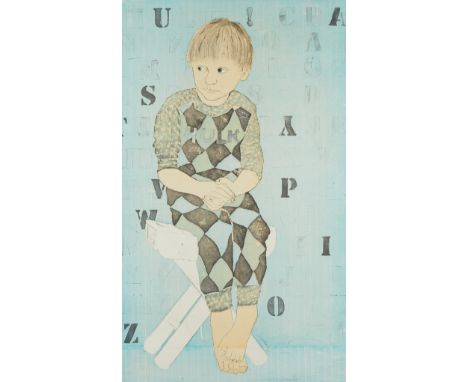 Tomas B. Lasansky (American, b. 1957). Intaglio print titled "Daniel" depicting a young child in Hulk pajamas seated on a sto