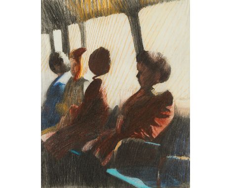 William Clutz (American, 1933-2021). Pastel on paper drawing depicting figures seated in front of windows, 1976. The light sh