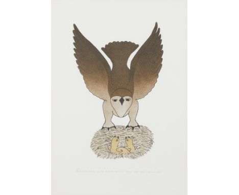 Paulosie Sivuak (Inuit, 1930-1987). Serigraph and stencil on paper titled "Hawk with Young" depicting a mature hawk with seve