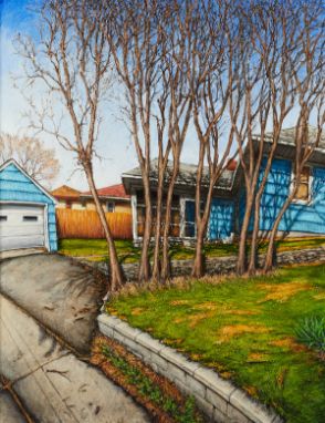 Rod Massey (American, b. 1949). Oil on panel painting titled "Blue House Behind Trees" depicting a bright blue home and a lin