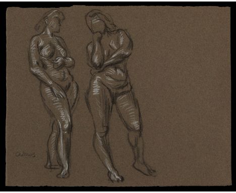 Paul Cadmus (American, 1904-1999). Crayon on paper drawing depicting two nude female figures standing. Signed along the lower