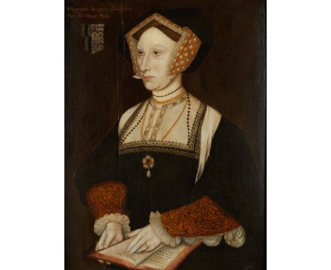 After Hans Holbein (German, 1497-1543). Oil on panel portrait of Margaret Roper. Inscribed "Margaret Rooper (sic), Daughter u