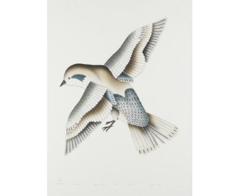 Kavavaow Mannomee "Qavavau Manumie" (Inuit, b. 1958). Lithograph and stencil on paper titled "Blue Bird" depicting a bird in 
