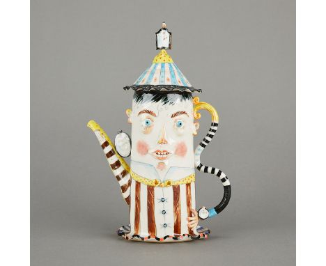 Irina Zaytceba (Russian, b. 1957). Whimsical porcelain figural teapot in bright colors with applied clocks. With a lid in the