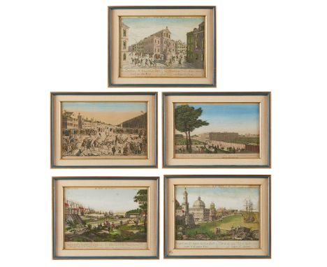 Group of five 18th century prints including:One French print depicting a revelrous atmosphere titled "Vue, Representant la Pu