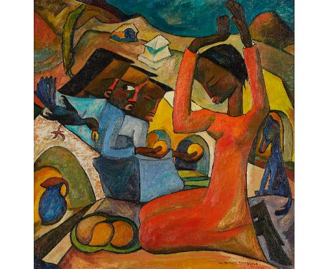 Angel Botello y Barros (Spanish/Puerto Rican, 1913-1986). Oil on canvas laid board titled "The Dead Also Eat," depicting four