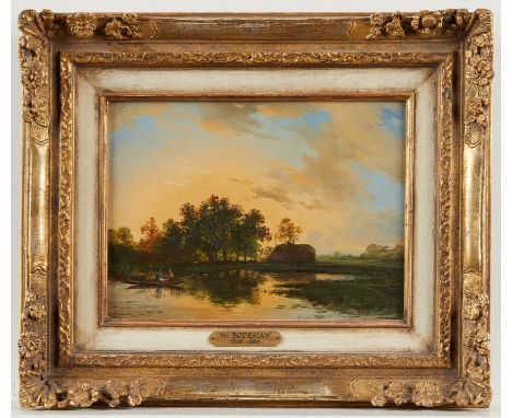 Willem Bodeman (Dutch, 1806-1880). Oil on panel painting titled "Sunset" depicting the sun setting on a watery landscape with