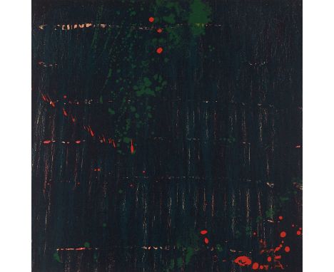 Pat Steir (American, b. 1940). Lithograph titled "Composition in Dark" depicting a dark abstract scene in black with splashes