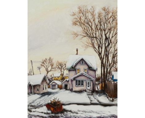 Rod Massey (American, b. 1949). Oil on panel painting titled "East Diamond Lake Road, Winter" depicting the home at 209 E. Di