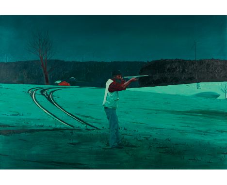 Jonathan Daly (American, b. 1982). Oil on canvas painting titled "Woodchuck" depicting a lone figure standing in a darkened f