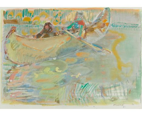 Malcolm Haynie Myers (American, 1917-2002). Gouache on paper painting depicting figures in a canoe, 1973. Signed and dated al