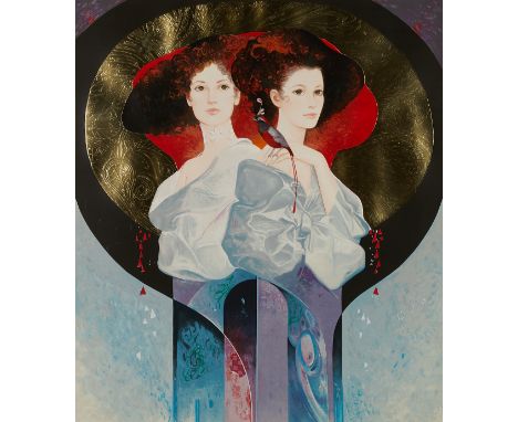 Felix Mas (Spanish, b. 1935). Serigraph on paper with gold leaf titled "Harmony" depicting two figures standing back-to-back 