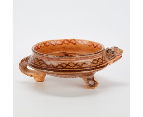 Pre-Columbian style ceramic bowl decorated with Mayan patterns throughout. In the form of a turtle with tripod legs and the t