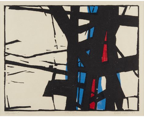Robert Conover (American, 1920-1998). Woodcut on paper titled "Cityscape" depicting an abstract scene in black, red, and blue