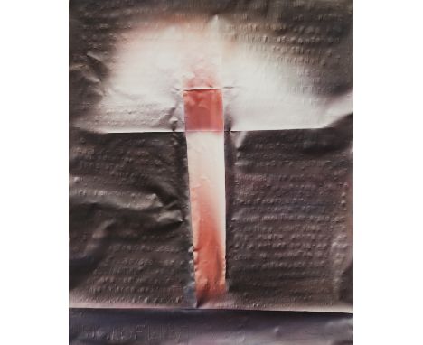 Edward Evans (American, b. 1935). Oil on canvas trompe l'oeil painting titled "Vigil of Light" depicting a creased sheet of p