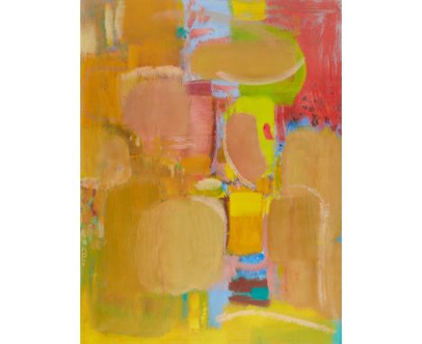 Cameron Booth (American, 1892-1980). Acrylic on linen painting titled "Vertical" depicting an abstract scene in lively tones 