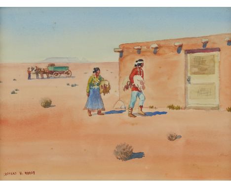 Leonard Howard Reedy (American, 1899-1956). Watercolor on paper painting titled "Navajo Trading Post" depicting two people wa