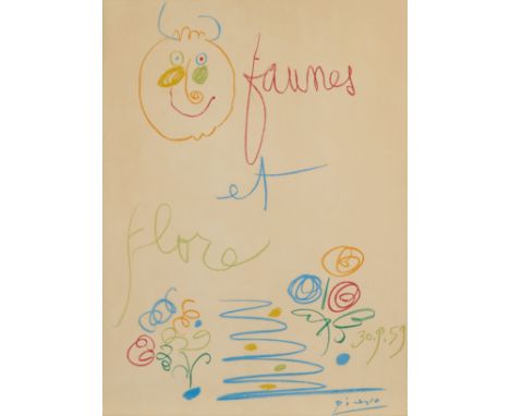 After Pablo Picasso (Spanish, 1881-1973). Lithograph on paper titled "Faunes et Flores" depicting a colorful abstract scene, 