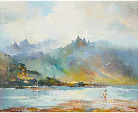 Dolores Dee Kirby (American, 20th c). Oil on canvas painting titled "The Tide is Low" depicting Kaneohe in Hawai'i, 1975. Sig